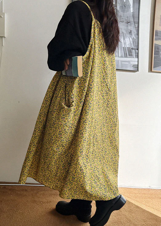 Loose Yellow V Neck Print Pockets Cotton Spaghetti Strap Dresses Sleeveless - Image 5