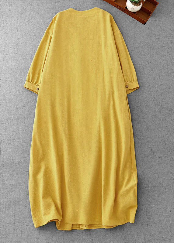 Loose Yellow Wrinkled Button Cotton Shirts Dress Summer - Image 2