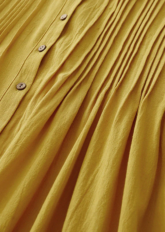 Loose Yellow Wrinkled Button Cotton Shirts Dress Summer - Image 5