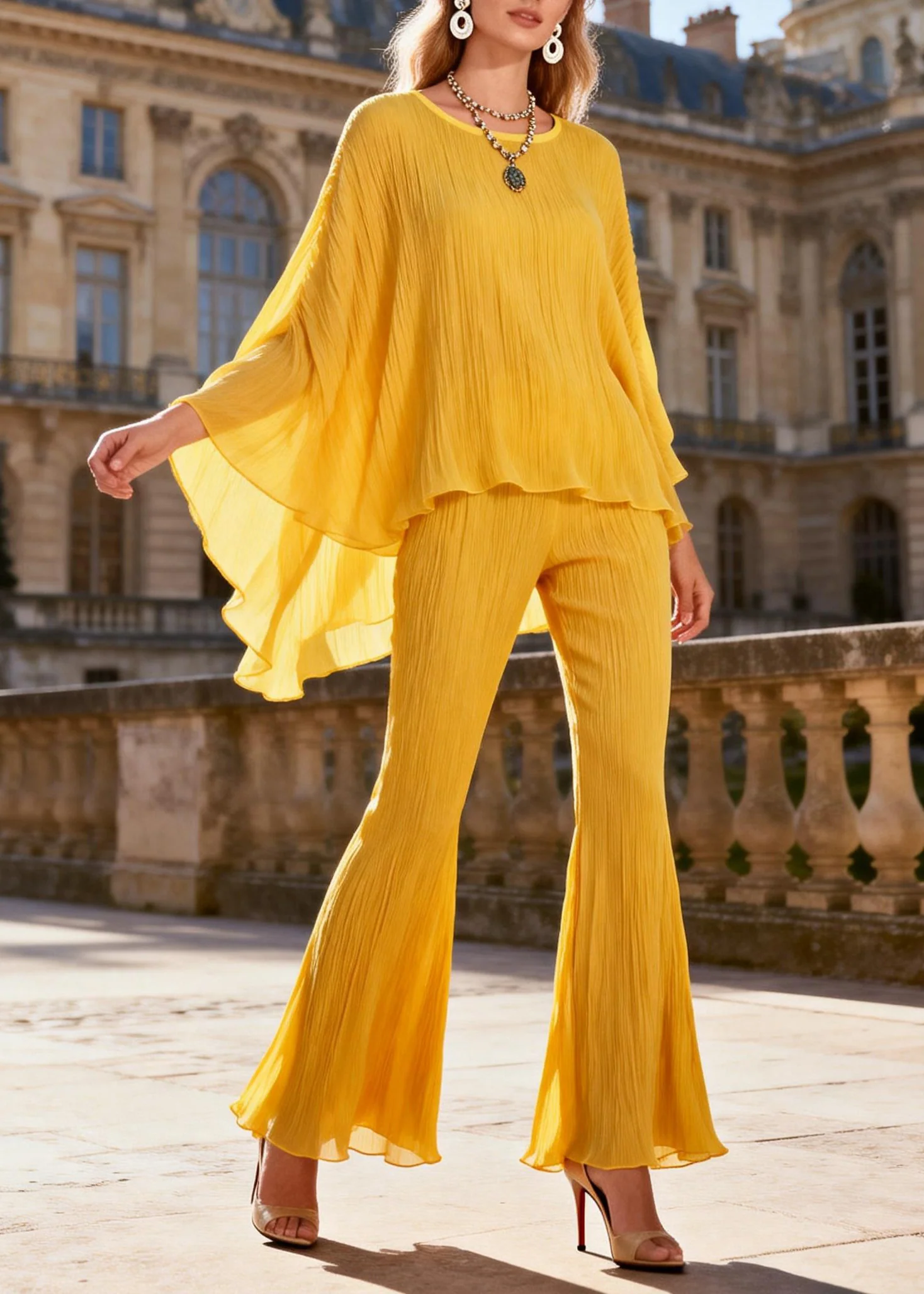 Loose Yellow Wrinkled Low High Design Tops And Flared Trousers Two Pieces Set Batwing Sleeve - Image 3