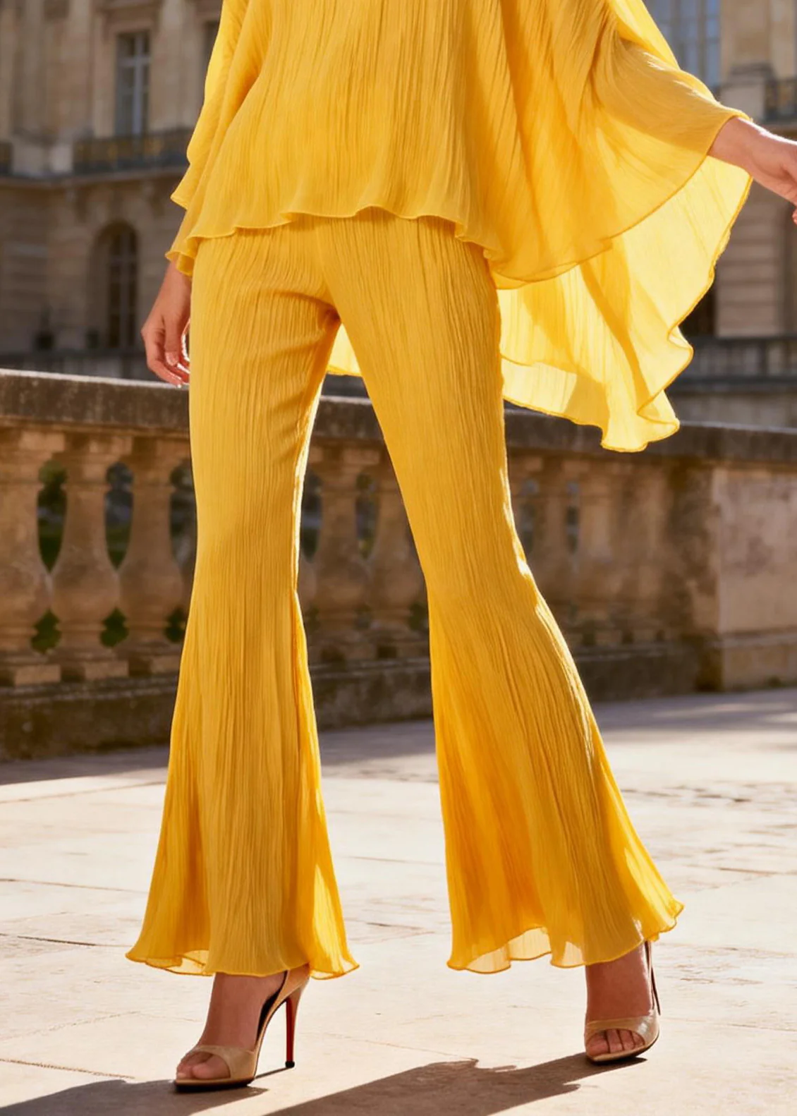 Loose Yellow Wrinkled Low High Design Tops And Flared Trousers Two Pieces Set Batwing Sleeve - Image 4
