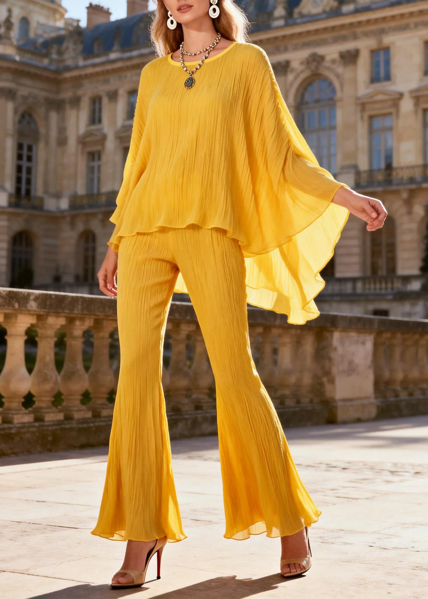 Loose Yellow Wrinkled Low High Design Tops And Flared Trousers Two Pieces Set Batwing Sleeve - Image 5