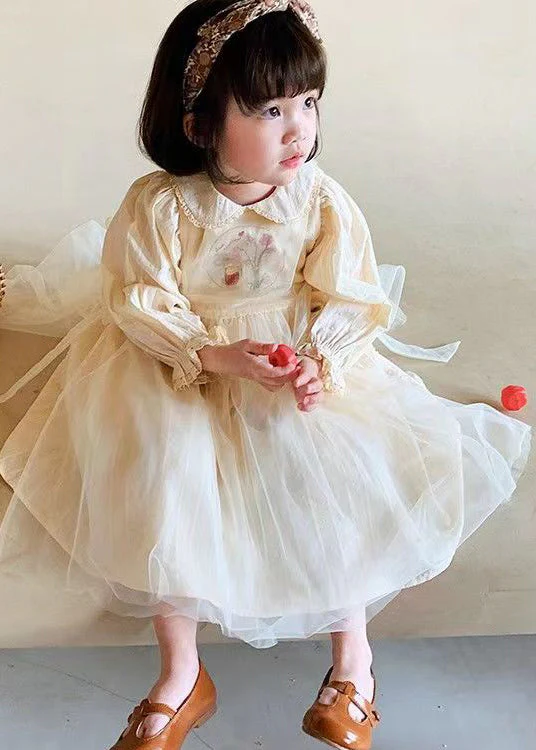 Lovely Beige Peter Pan Collar Patchwork Tulle Baby Girls Princess Dresses Fall - Image 2