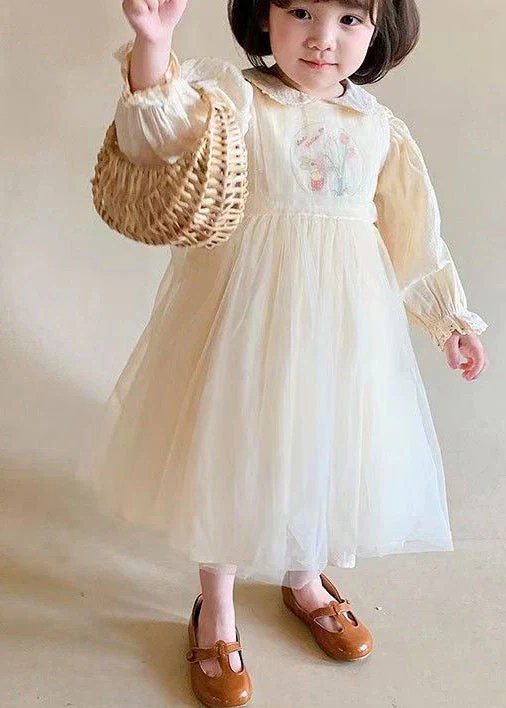 Lovely Beige Peter Pan Collar Patchwork Tulle Baby Girls Princess Dresses Fall - Image 3