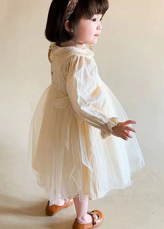 Lovely Beige Peter Pan Collar Patchwork Tulle Baby Girls Princess Dresses Fall - Image 4