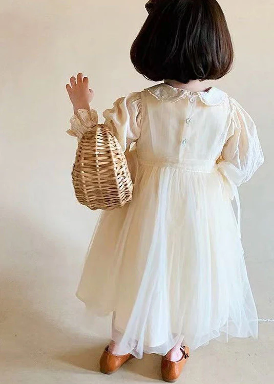 Lovely Beige Peter Pan Collar Patchwork Tulle Baby Girls Princess Dresses Fall - Image 5
