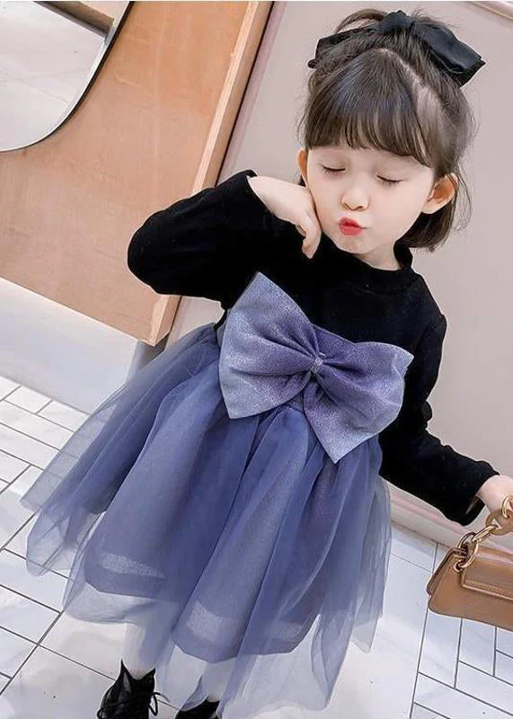 Lovely Black O Neck Tulle Bow Patchwork Warm Fleece Kids Girls Dresses Fall - Image 2