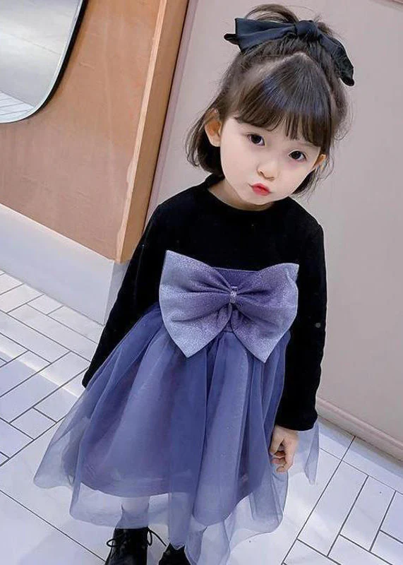 Lovely Black O Neck Tulle Bow Patchwork Warm Fleece Kids Girls Dresses Fall - Image 3