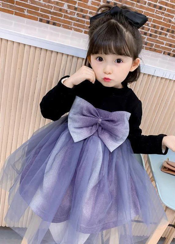 Lovely Black O Neck Tulle Bow Patchwork Warm Fleece Kids Girls Dresses Fall - Image 4