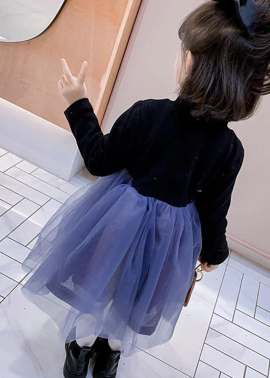 Lovely Black O Neck Tulle Bow Patchwork Warm Fleece Kids Girls Dresses Fall - Image 5