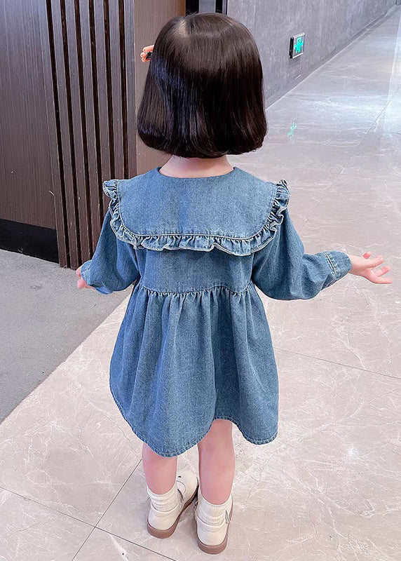 Lovely Blue Ruffled Button Shirt Girls Long Dress Long Sleeve - Image 5