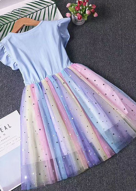 Lovely Blue Ruffled Nail Bead Patchwork Tulle Kids Girls Dresses Summer - Image 3