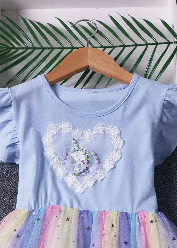 Lovely Blue Ruffled Nail Bead Patchwork Tulle Kids Girls Dresses Summer - Image 4