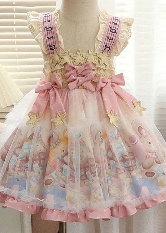 Lovely Blue Ruffled Print Bow Patchwork Chiffon Baby Girls Dresses Summer - Image 2