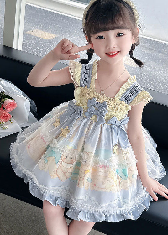 Lovely Blue Ruffled Print Bow Patchwork Chiffon Baby Girls Dresses Summer - Image 3