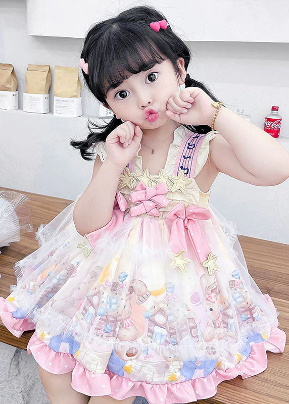 Lovely Blue Ruffled Print Bow Patchwork Chiffon Baby Girls Dresses Summer - Image 4