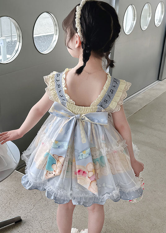 Lovely Blue Ruffled Print Bow Patchwork Chiffon Baby Girls Dresses Summer - Image 5