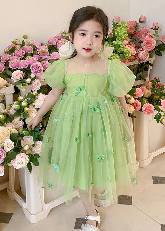 Lovely Green Wrinkled Butterfly Patchwork Tulle Baby Girls Dresses Summer - Image 3
