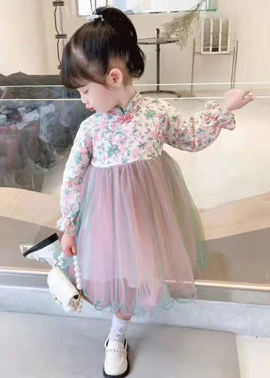 Lovely Light Green Stand Collar Tulle Patchwork Girls Dress Long Sleeve - Image 2