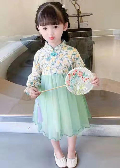 Lovely Light Green Stand Collar Tulle Patchwork Girls Dress Long Sleeve - Image 3