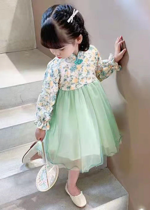 Lovely Light Green Stand Collar Tulle Patchwork Girls Dress Long Sleeve - Image 4