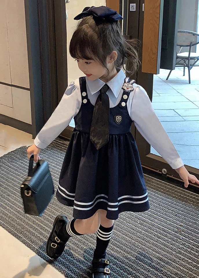Lovely Navy Peter Pan Collar False Two Pieces Cotton Girls Dresses Fall - Image 2