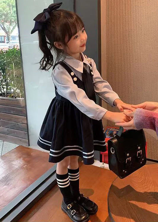 Lovely Navy Peter Pan Collar False Two Pieces Cotton Girls Dresses Fall - Image 4