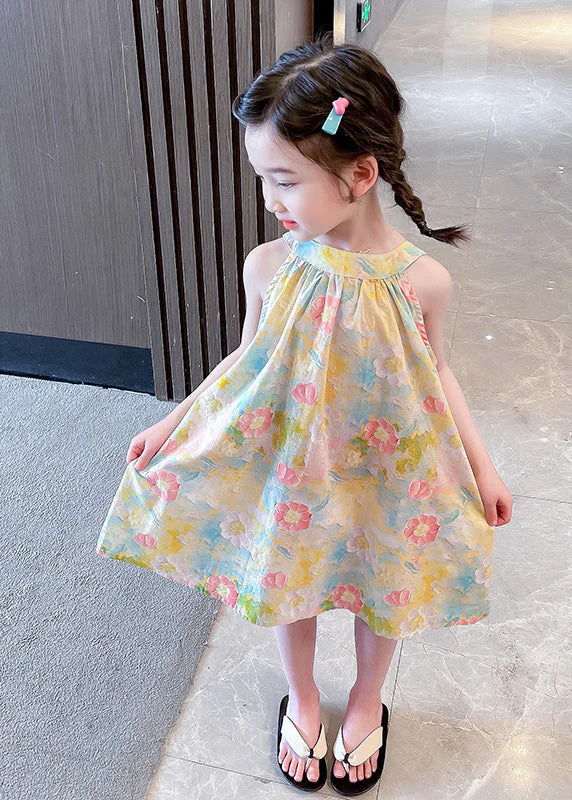 Lovely O-Neck Print Cotton Girls Slip Mid Dress Sleeveless - Image 2