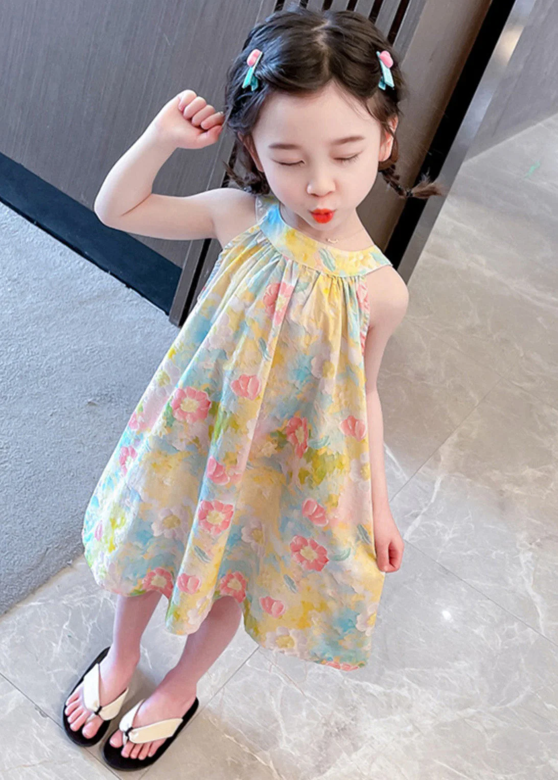 Lovely O-Neck Print Cotton Girls Slip Mid Dress Sleeveless - Image 3