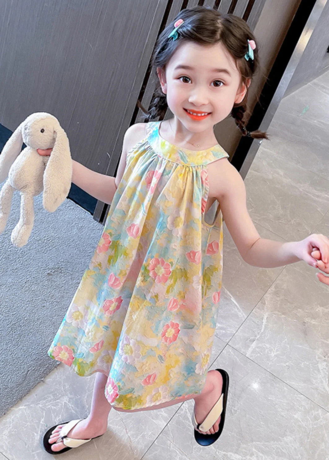 Lovely O-Neck Print Cotton Girls Slip Mid Dress Sleeveless - Image 4