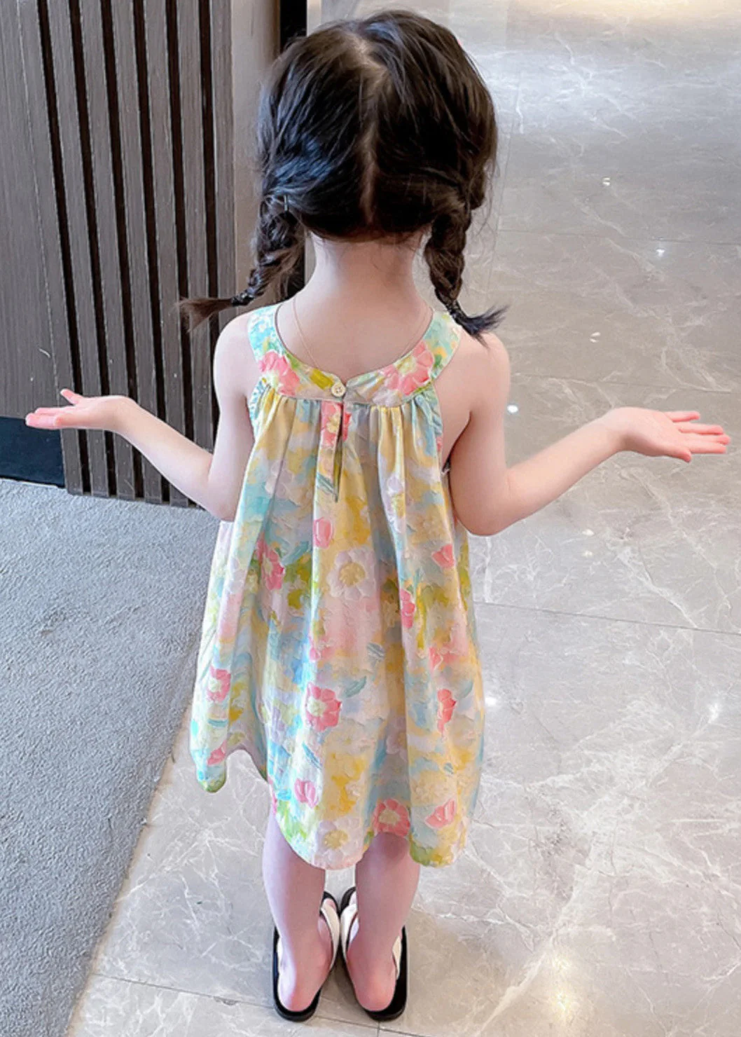 Lovely O-Neck Print Cotton Girls Slip Mid Dress Sleeveless - Image 5