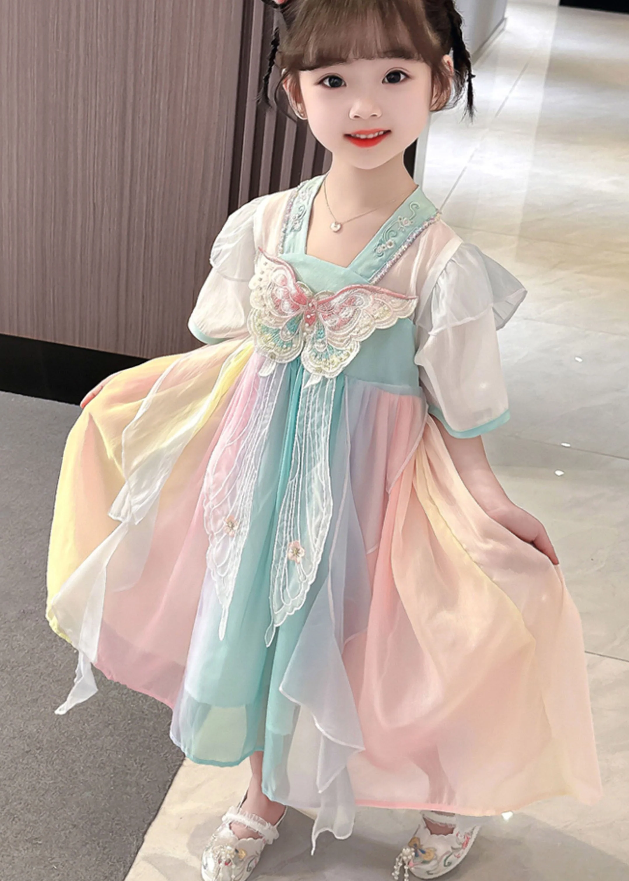 Lovely Pink Embroideried Butterfly Patchwork Chiffon Kids Girls Dresses Summer - Image 2