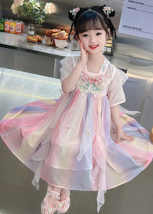 Lovely Pink Embroideried Butterfly Patchwork Chiffon Kids Girls Dresses Summer - Image 3