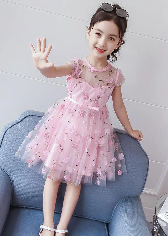 Lovely Pink Floral Decorated Patchwork Tulle Baby Girls Princess Dresses Summer - Image 4