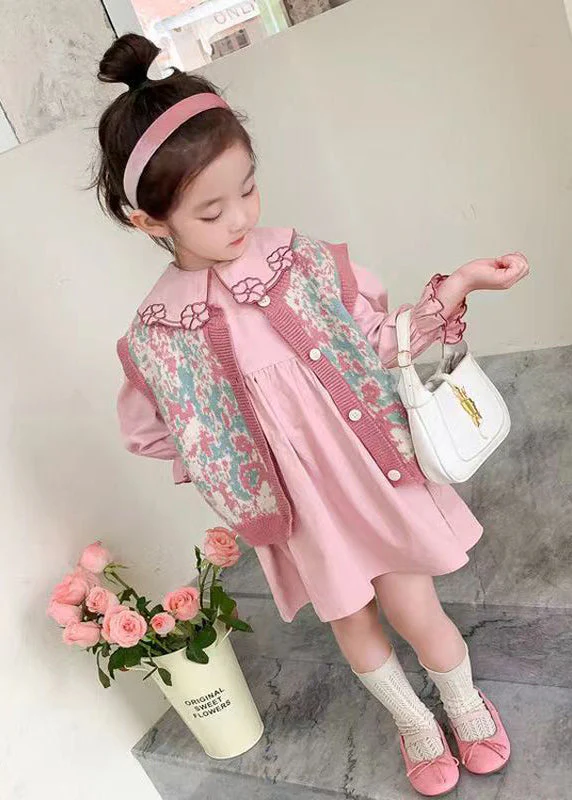 Lovely Pink Floral Vest And Dresses Cotton Baby Girls Two Pieces Set Fall - Image 3