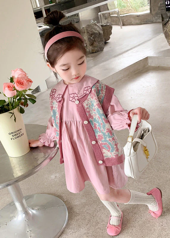 Lovely Pink Floral Vest And Dresses Cotton Baby Girls Two Pieces Set Fall - Image 4