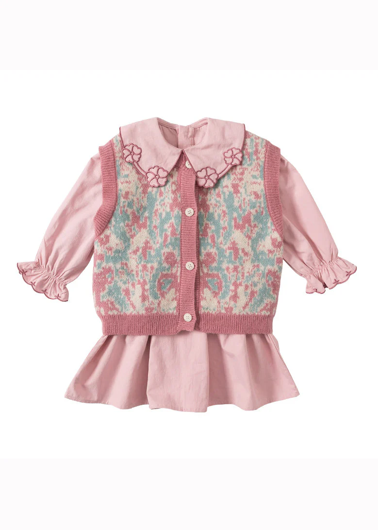 Lovely Pink Floral Vest And Dresses Cotton Baby Girls Two Pieces Set Fall - Image 5