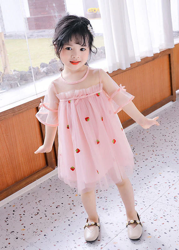 Lovely Pink O-Neck Patchwork Strawberry Tulle Kids Girls Mid Dress Short Sleeve - Image 2
