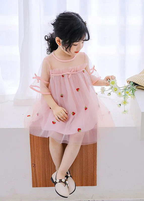 Lovely Pink O-Neck Patchwork Strawberry Tulle Kids Girls Mid Dress Short Sleeve - Image 3