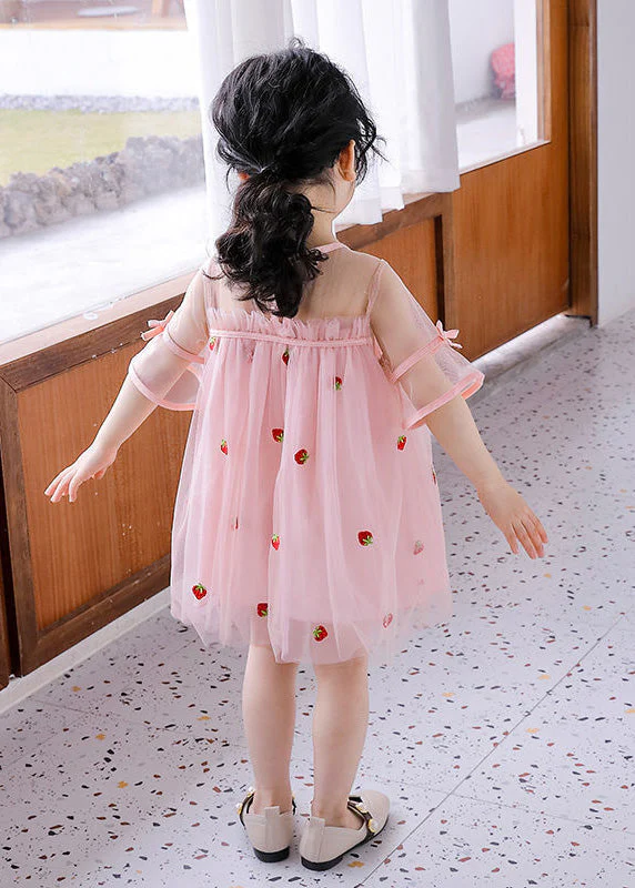 Lovely Pink O-Neck Patchwork Strawberry Tulle Kids Girls Mid Dress Short Sleeve - Image 4