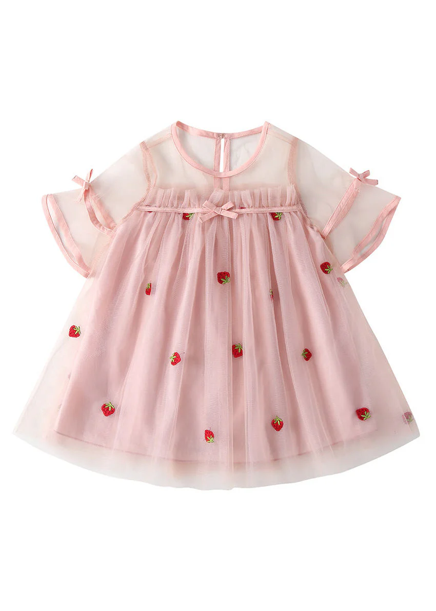 Lovely Pink O-Neck Patchwork Strawberry Tulle Kids Girls Mid Dress Short Sleeve - Image 5