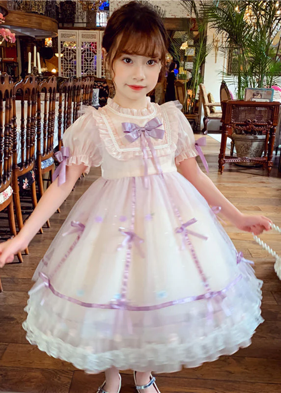 Lovely Pink Patchwork Wrinkled Bow Tulle Kids Mid Dress Short Sleeve - Image 2