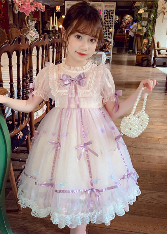 Lovely Pink Patchwork Wrinkled Bow Tulle Kids Mid Dress Short Sleeve - Image 3