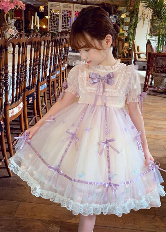 Lovely Pink Patchwork Wrinkled Bow Tulle Kids Mid Dress Short Sleeve - Image 4
