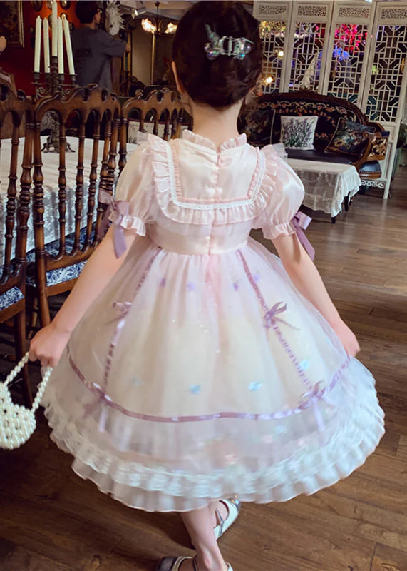 Lovely Pink Patchwork Wrinkled Bow Tulle Kids Mid Dress Short Sleeve - Image 5