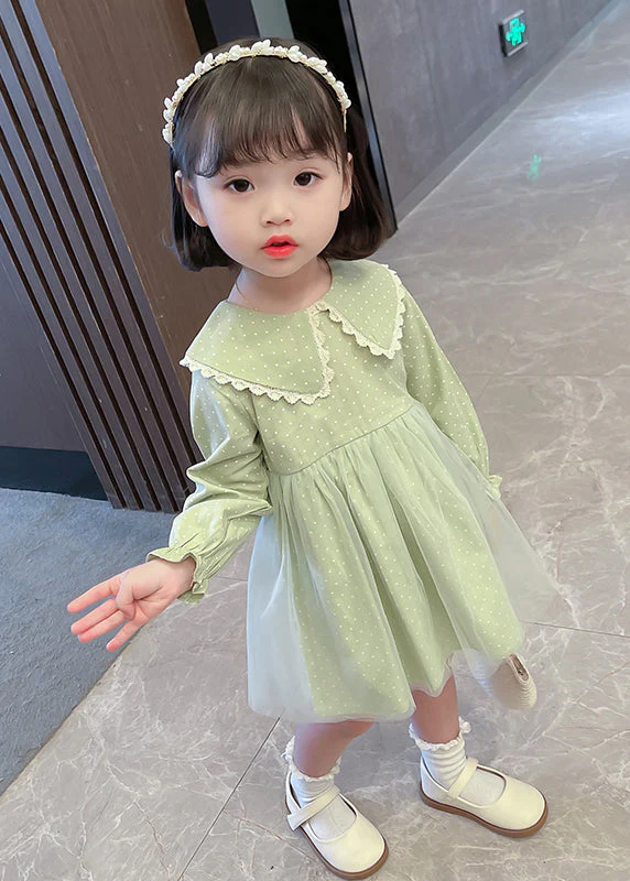 Lovely Pink Peter Pan Collar Dot Tulle Patchwork Kids Vacation Maxi Dresses Fall - Image 2
