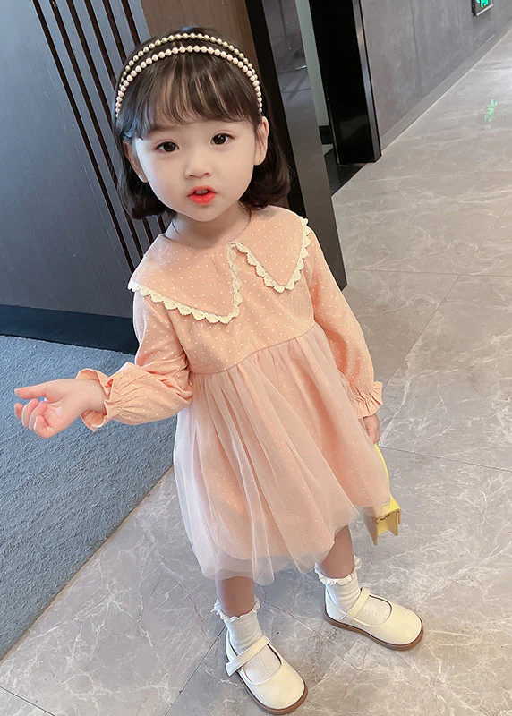Lovely Pink Peter Pan Collar Dot Tulle Patchwork Kids Vacation Maxi Dresses Fall - Image 3