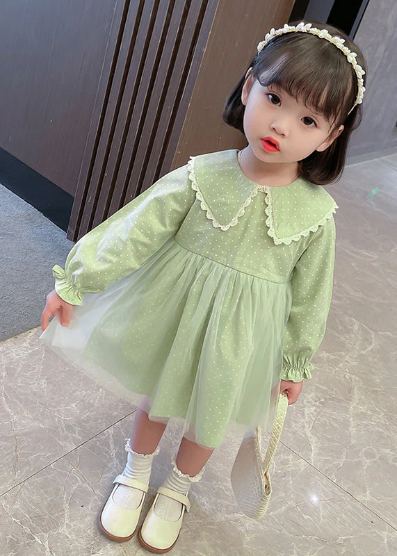 Lovely Pink Peter Pan Collar Dot Tulle Patchwork Kids Vacation Maxi Dresses Fall - Image 4