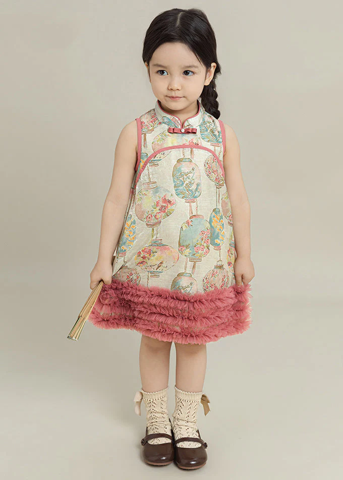 Lovely Pink Print Tulle Patchwork Girls Mid Dress Summer - Image 2