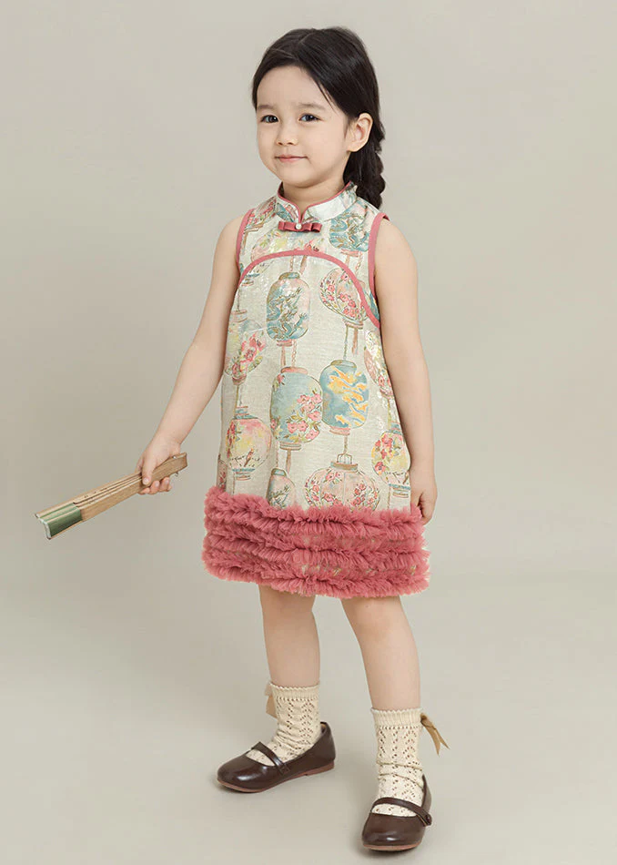 Lovely Pink Print Tulle Patchwork Girls Mid Dress Summer - Image 3